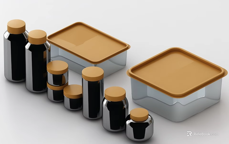 Kitchen Spice Jars With Brown Lids Various Sizes And Square Storage Containers 3d model 