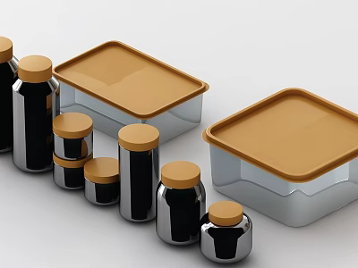 Kitchen Spice Jars With Brown Lids Various Sizes And Square Storage Containers 3d model