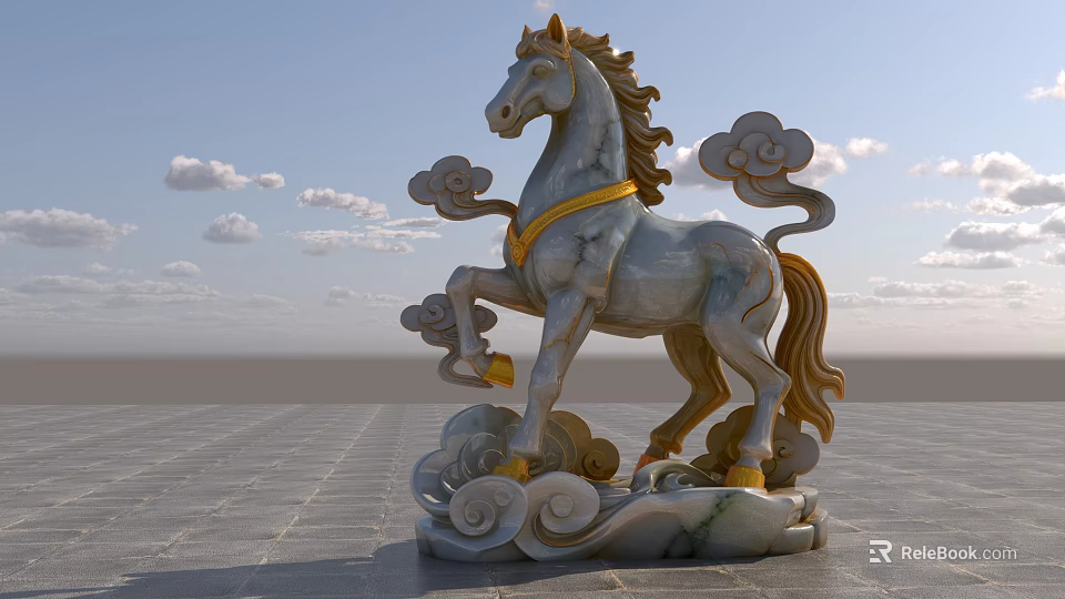 Jade Rearing Horse Sculpture Carving With Cloud Decorations Golden Accents And Ornate Base 3d model 