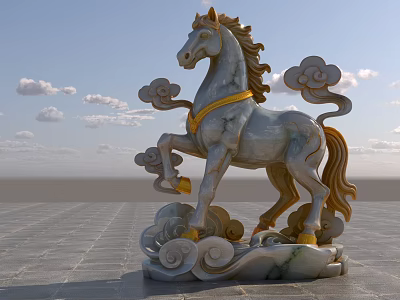 Jade Rearing Horse Sculpture Carving With Cloud Decorations Golden Accents And Ornate Base 3d model