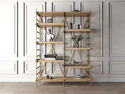 Modern Wooden Shelf Unit With Multi Tiered Design And Sculpture Books Decorative Vase 3d model