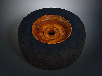 Old Tire With Rusted Hub And Visible Tread Pattern On Gray Background 3d model
