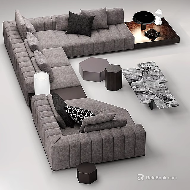 Modern Gray Upholstered Sectional Sofa With Accent Pillows And Marble Coffee Table 3d model