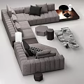 Modern Gray Upholstered Sectional Sofa With Accent Pillows And Marble Coffee Table