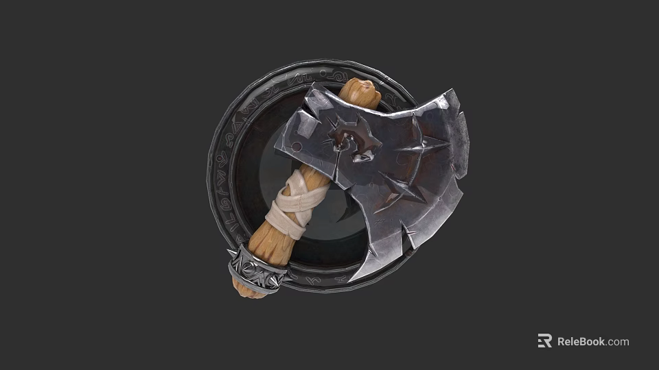 Battle Axe Weapon With Metal Blade Wrapped Handle And Circular Decorative Base 3d model 