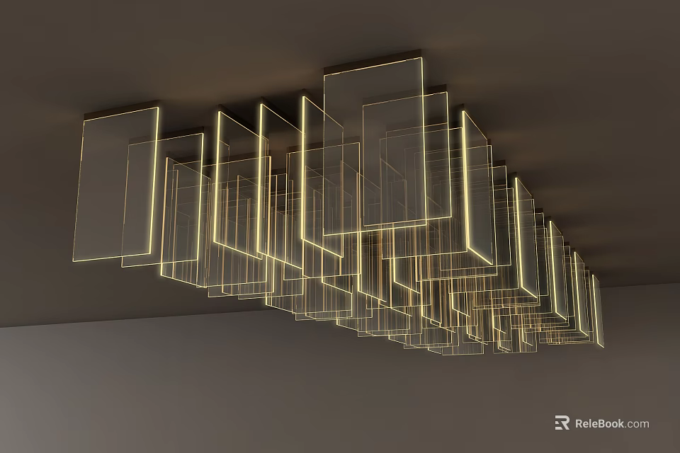 Modern Elegant Chandelier with Transparent Square Panels and Golden Borders Hanging from Ceiling 3d model 