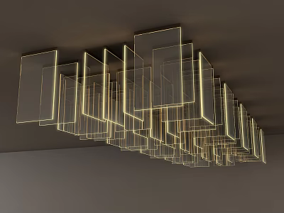 Modern Elegant Chandelier with Transparent Square Panels and Golden Borders Hanging from Ceiling 3d model