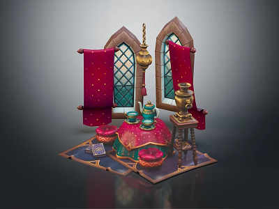 Cartoon Scene with Fairy Tale Castle Windows Red Scrolls Golden Lanterns and Decorative Vases 3d model