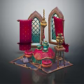 Cartoon Scene with Fairy Tale Castle Windows Red Scrolls Golden Lanterns and Decorative Vases