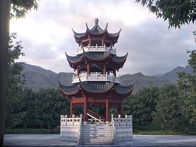 Ancient Chinese Multi Tiered Tower With Red Wooden Pillars Black Tiled Roof And Mountain Backdrop 3d model