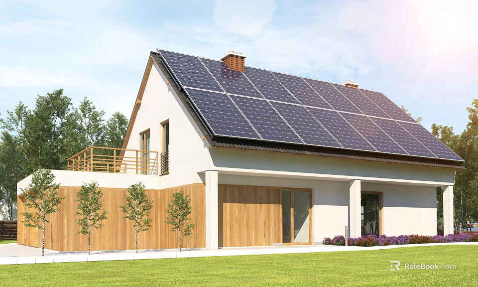 Modern House Exterior with Solar Panels on Roof Lawn Trees and Wooden Decor 3d model 