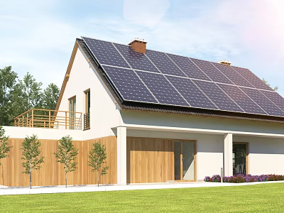 Modern House Exterior with Solar Panels on Roof Lawn Trees and Wooden Decor 3d model