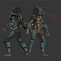 Two Armored Sci-Fi Characters Display Dynamic Poses with Red Laser Beams