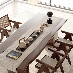 New Chinese Style Tea Table and Chair Tea Set Wood Floor Venetian Blinds 3d model