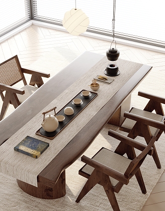 New Chinese Style Tea Table and Chair Tea Set Wood Floor Venetian Blinds 3d model