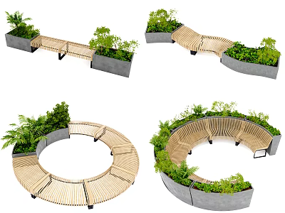 Public Chair With Curved Wooden Structure And Green Plants In Concrete Planters 3d model