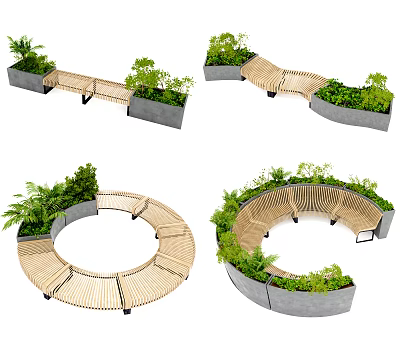 Public Chair With Curved Wooden Structure And Green Plants In Concrete Planters 3d model