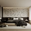 Modern Bedroom Interior Design With Geometric Patterned Wall Dark Headboard And Nightstands 3d model