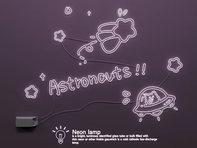 Neon Lamp Combination With Astronaut UFO Stars And Purple Background Decor 3d model