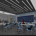 Modern School Classroom With White Tables Blue Chairs And Robot Models 3d model