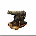 Vintage Cannon with Rusty Barrel Wooden Wheels Sandbags and Cannonball as Retro Military Weapon