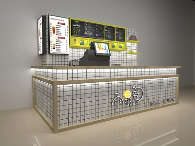 Modern Milk Tea Shop Interior With Grid Counter Cash Register And Yellow Menu Board 3d model