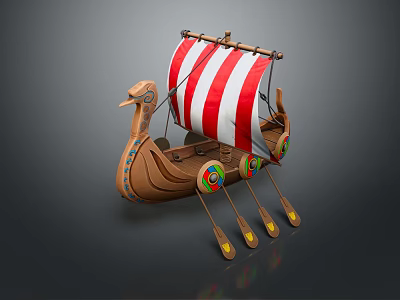 Viking Ship Model With Red White Striped Sail Wooden Prow Decoration Colorful Circular Patterns And Oars 3d model