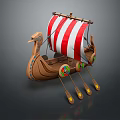 Viking Ship Model With Red White Striped Sail Wooden Prow Decoration Colorful Circular Patterns And Oars