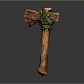 Rustic Handcrafted Wooden Axe With Green Rope Binding And Smooth Handle