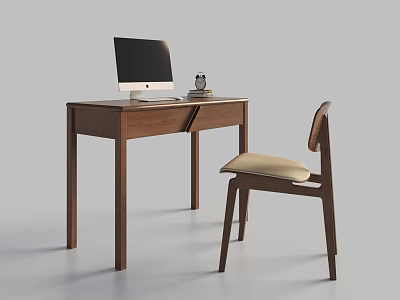 Modern Wooden Desk And Chair Set With Computer Monitor For Home Study Space 3d model