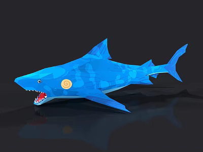 Cartoon Style Blue Shark Game Movie Character With Open Mouth And Orange Circular Side Pattern 3d model