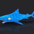 Cartoon Style Blue Shark Game Movie Character With Open Mouth And Orange Circular Side Pattern