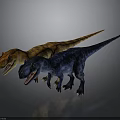 3D Model Of Orange And Blue Spotted Dinosaurs With Open Mouths On Gray Background
