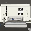 Modern Bedroom Interior With White Bed Abstract Wall Art Potted Plant And Pendant Light