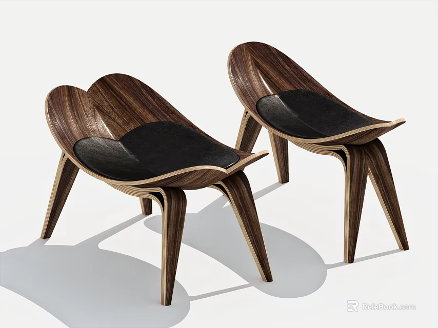 Two Modern Wooden Stools with Black Seats and Sleek Walnut Wood Structure 3d model 