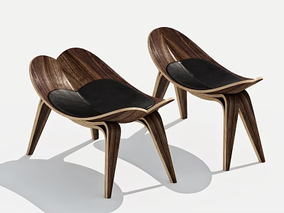 Two Modern Wooden Stools with Black Seats and Sleek Walnut Wood Structure 3d model