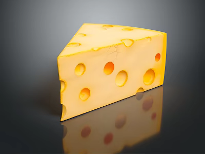Yellow Cheese Wedge With Holes On Black Background And Reflection 3d model