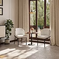 Modern Single Chairs In Bright Living Room With Window Curtains Small Table And Flowers