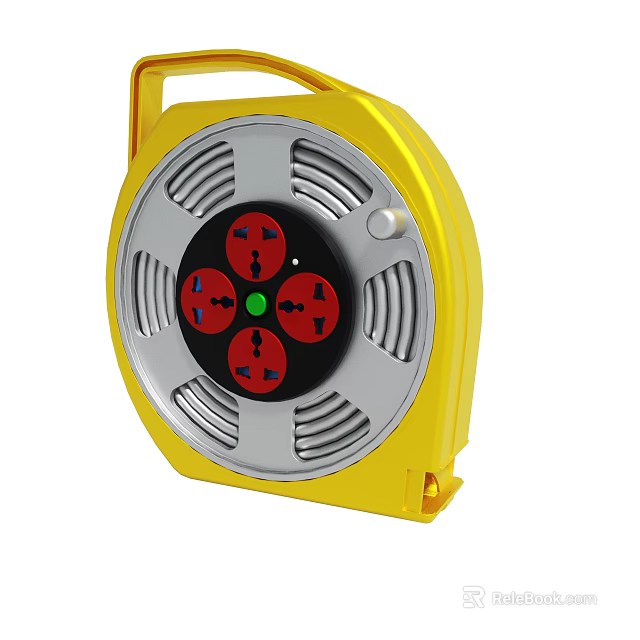 Yellow Retractable Extension Cord Reel With Multiple Red Power Sockets Silver Grilles And White Button 3d model 