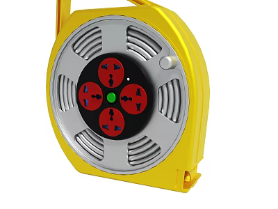 Yellow Retractable Extension Cord Reel With Multiple Red Power Sockets Silver Grilles And White Button 3d model