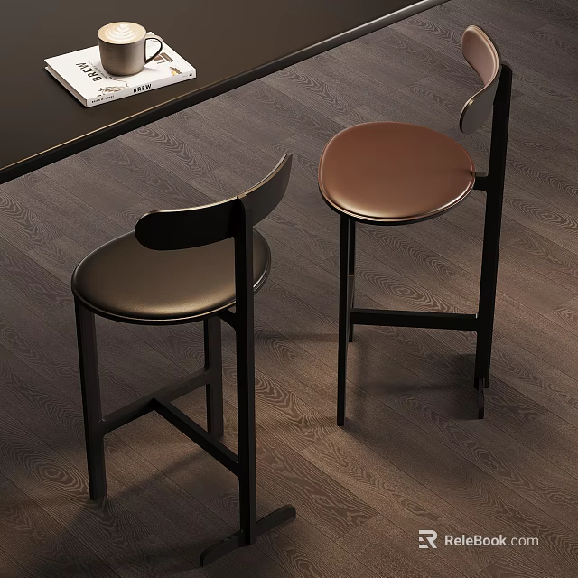 Modern Bar Stools With Black Frame And Brown Black Leather Seats Under Table 3d model 