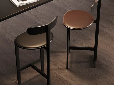Modern Bar Stools With Black Frame And Brown Black Leather Seats Under Table 3d model
