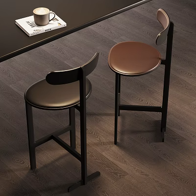Modern Bar Stools With Black Frame And Brown Black Leather Seats Under Table 3d model