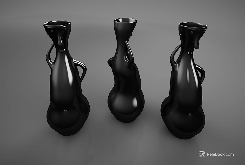 Three Black Ornamental Vase Set With Unique Curved Handles And Smooth Glossy Finish 3d model 