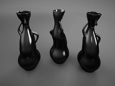 Three Black Ornamental Vase Set With Unique Curved Handles And Smooth Glossy Finish 3d model