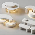 Unique Shaped White E-commerce Display Stands Featuring Curved Circular Designs And Bottom Lighting 3d model