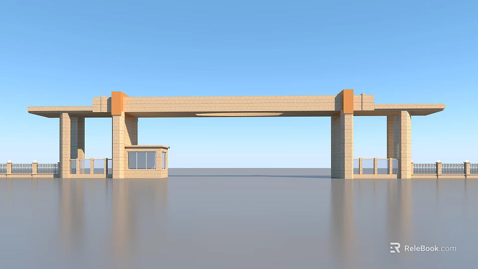 Modern Entrance Gate With Brick Arch Structure And Guard Booth Design 3d model