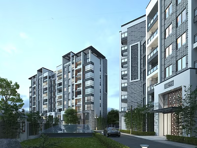Modern High-Rise Residential Buildings with Balconies Green Landscaping and Road Vehicles 3d model