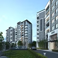 Modern High-Rise Residential Buildings with Balconies Green Landscaping and Road Vehicles