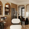 Warm Mid Century Living And Dining Room Interior Design With Arched Built In Storage Shelves